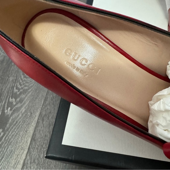 Gucci Red Heeled Loafers with Gold Accent
